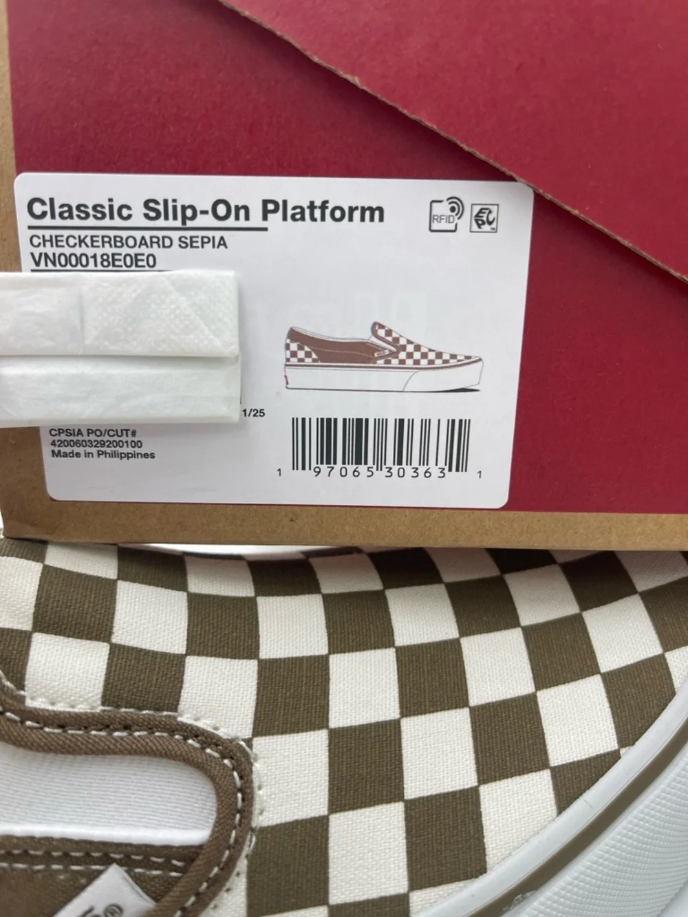 Vans Slip-On Platform Sneakers Checkerboard Sepia Brown VN00018E0E0 New - Picture 15 of 16
